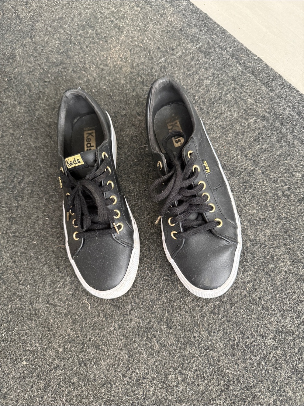 Keds Black Leather Low-Top Sneakers with Gold Eyelets
